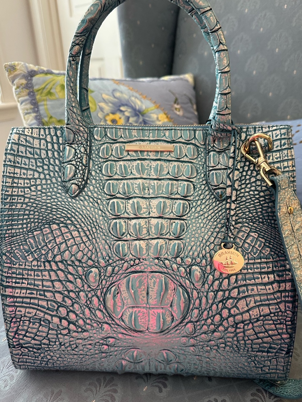 Great Price !!  Brahmin Arctic Blue Large Caroline Satchel. Including charm - Picture 2 of 10